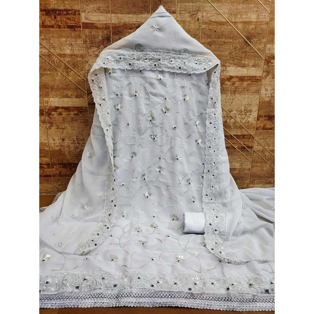 Grey Floral Sequins Embroidered Georgette Dress Material