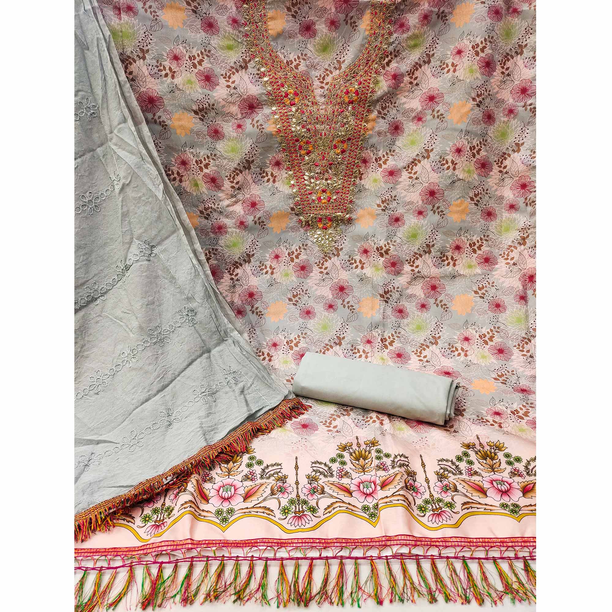 Grey Dress Material With Floral Digital Print & Subtle Sequins Embroidery Work