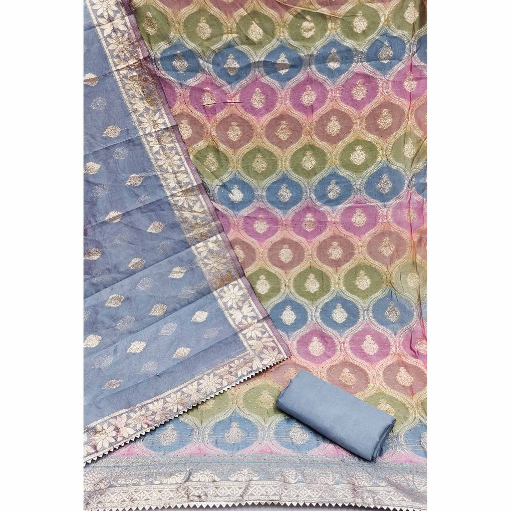 Bluyish Grey Organza Banarasi Silk Dress Material With Zari & Sparkling Stone Embellishments