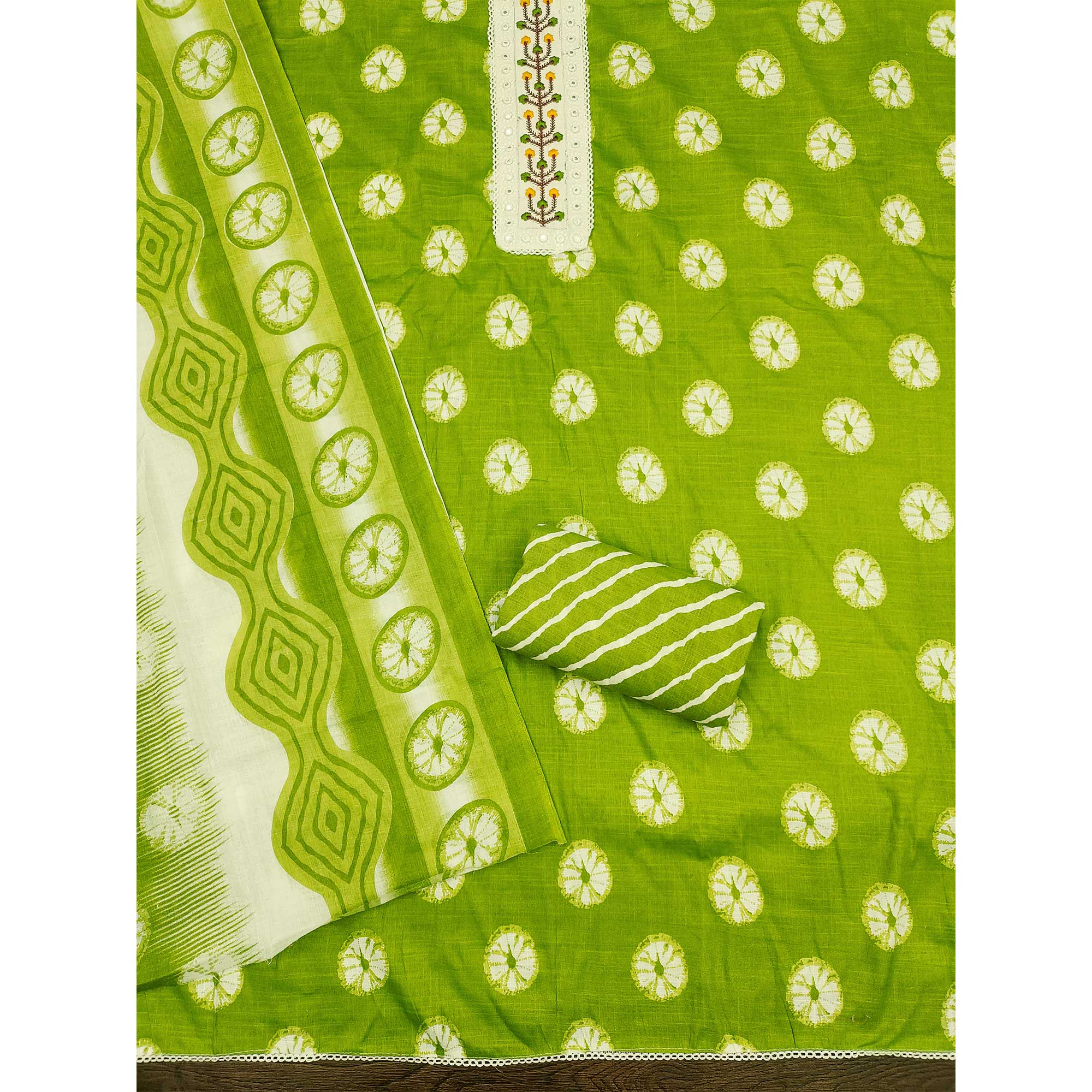 Green Printed With Embroidered Cotton Blend Dress Material