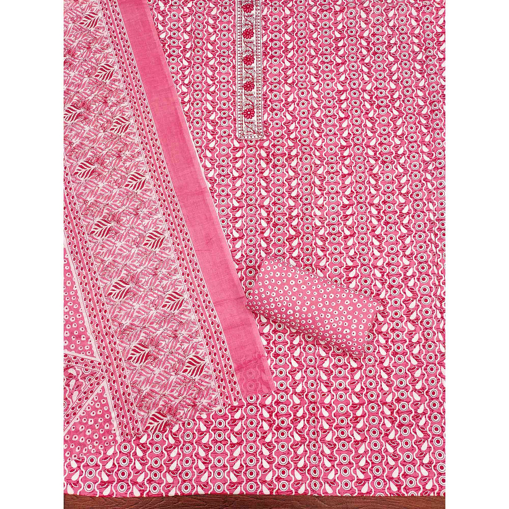 Pink Printed With Embroidered Cotton Blend Dress Material