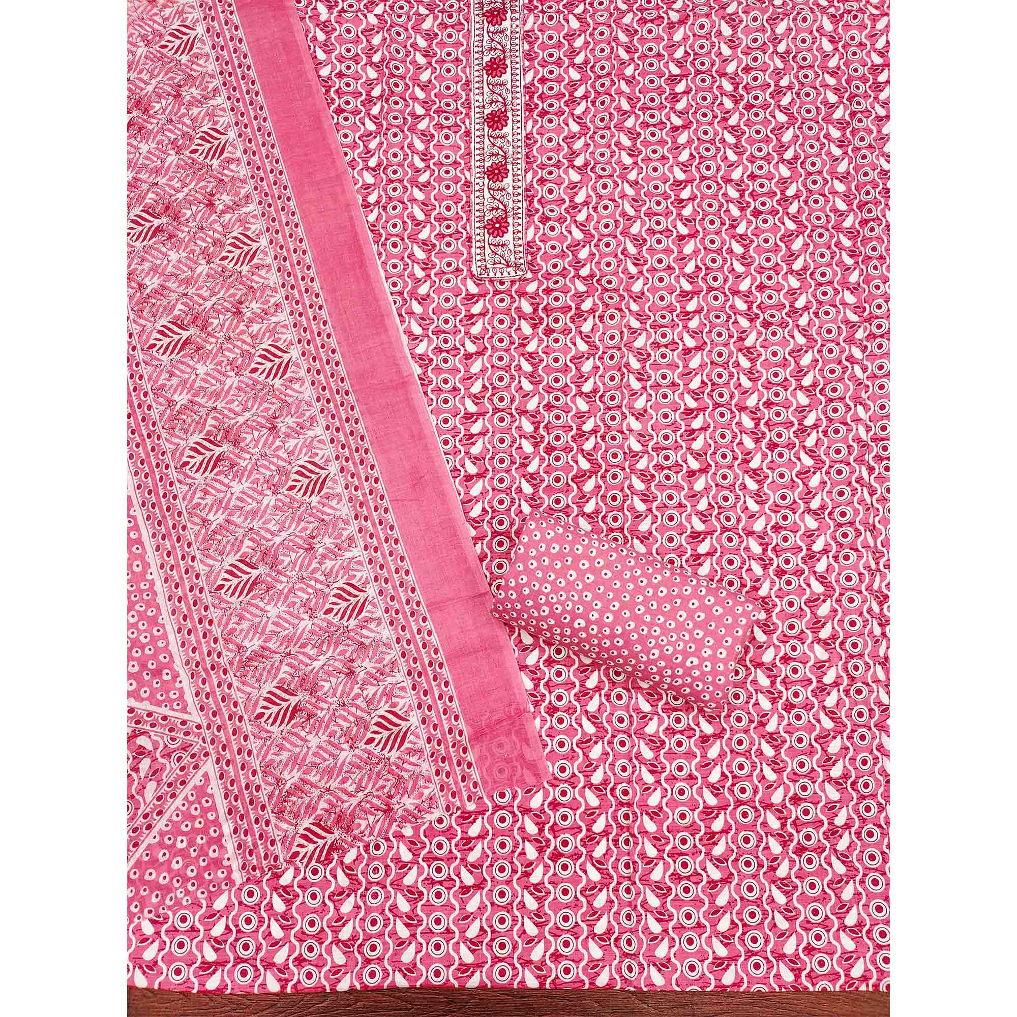 Pink Printed With Embroidered Cotton Blend Dress Material