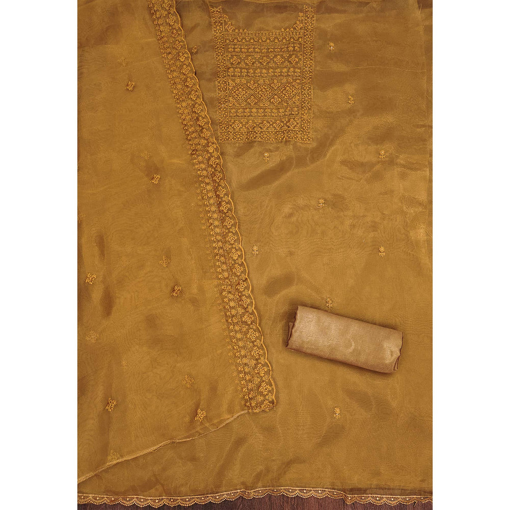 Dark Mustard Organza Dress Material With Sequins & Floral Thread Embroidery