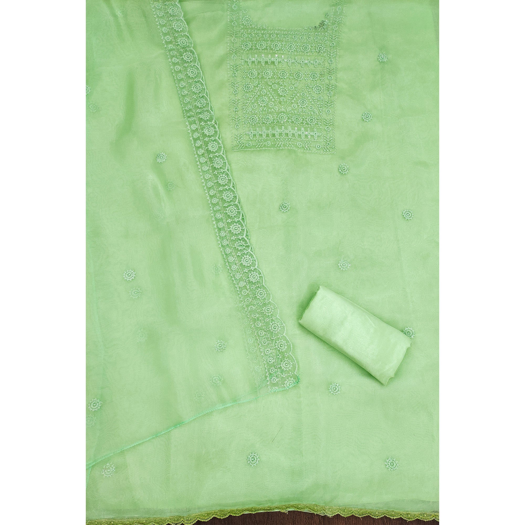 Pista Green Organza Dress Material With Sequins & Floral Thread Embroidery