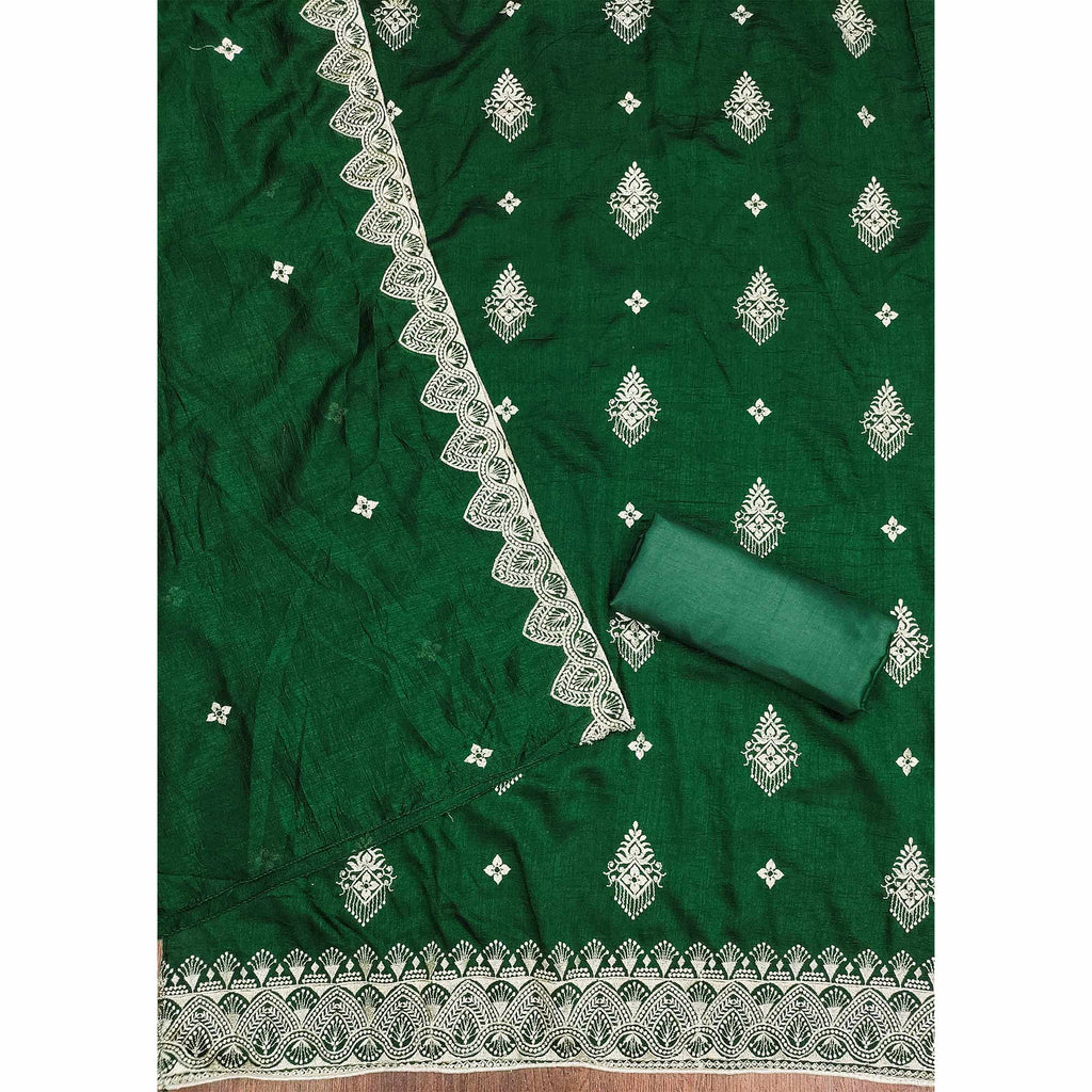 Green Vichitra Silk Dress Material With Intricate Floral Zari Embroidery