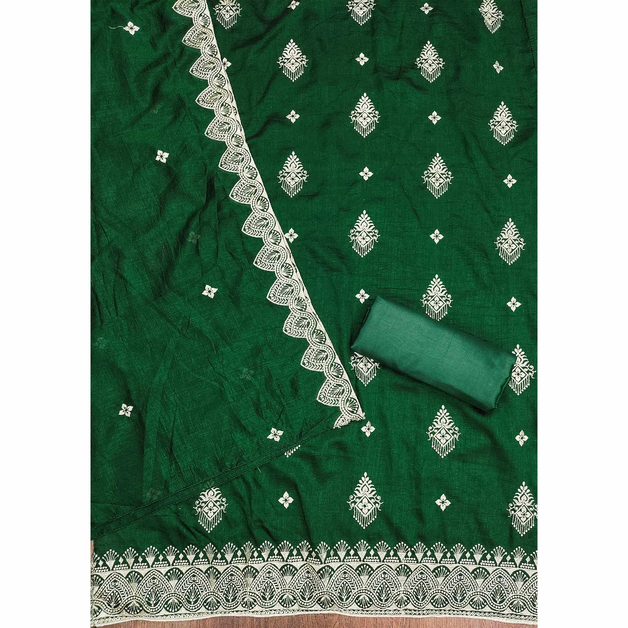 Green Vichitra Silk Dress Material With Intricate Floral Zari Embroidery