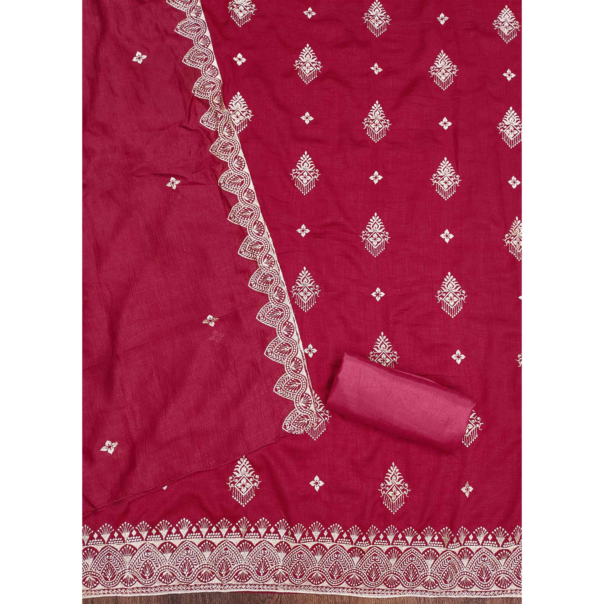 Pink Vichitra Silk Dress Material With Intricate Floral Zari Embroidery