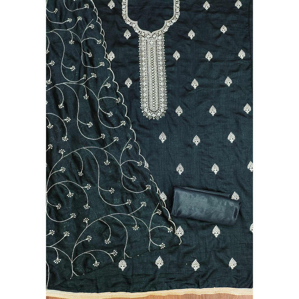 Dark Grey Vichitra Silk Dress Material with Graceful Floral Zari Embroidery