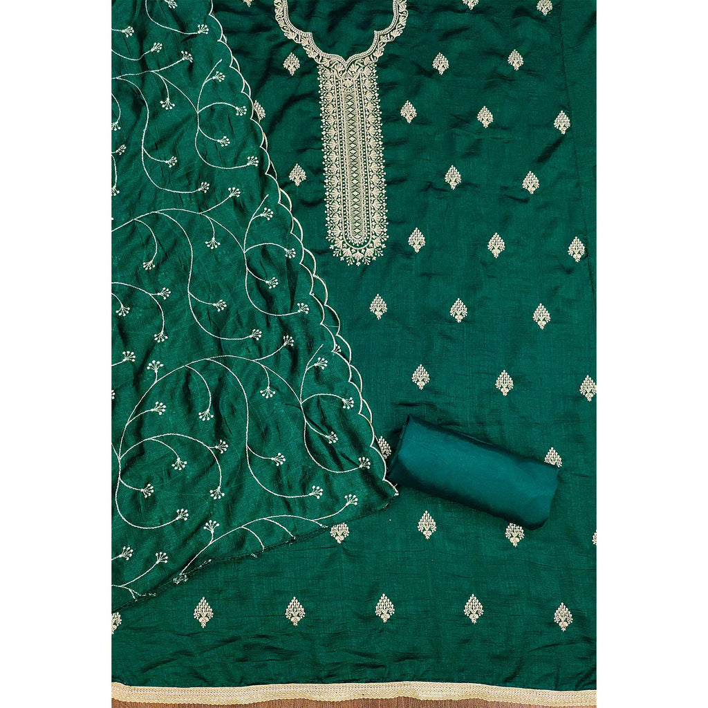Green Vichitra Silk Dress Material with Graceful Floral Zari Embroidery