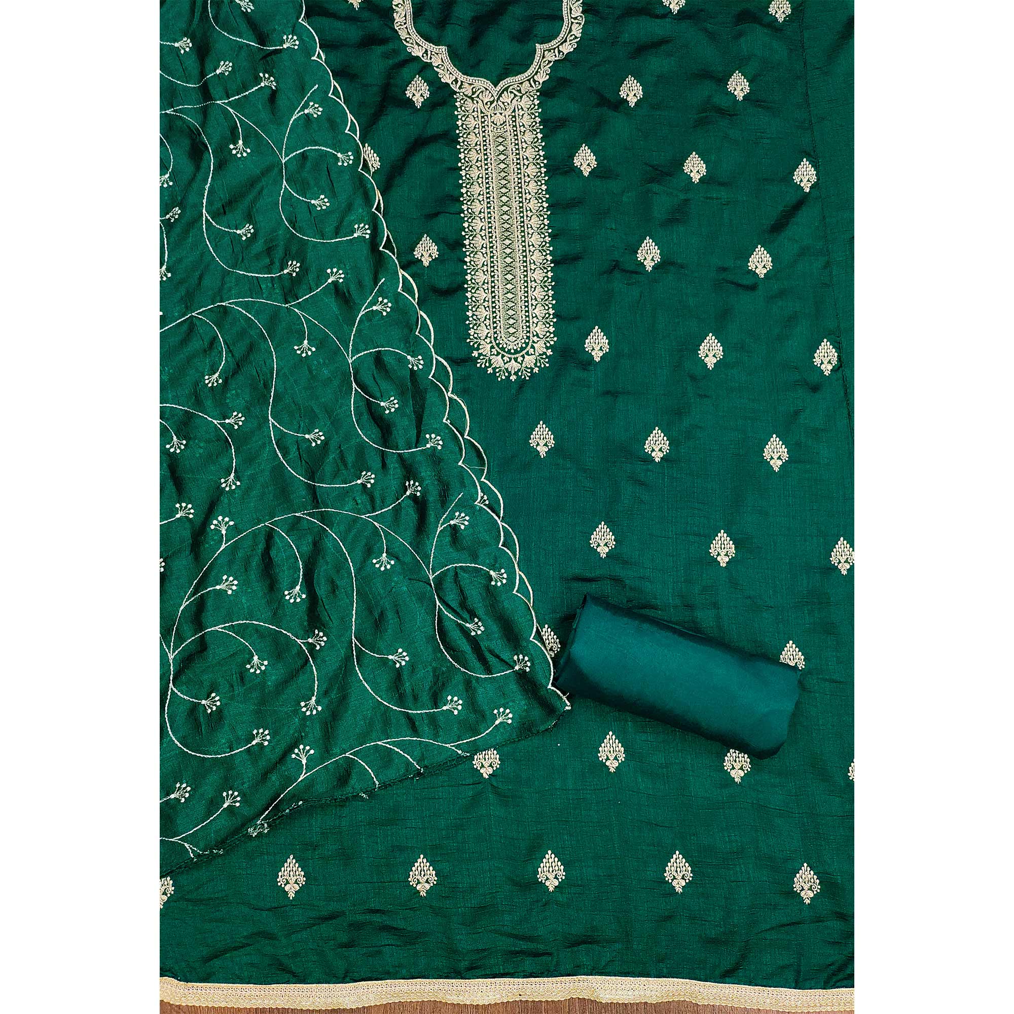 Green Vichitra Silk Dress Material with Graceful Floral Zari Embroidery