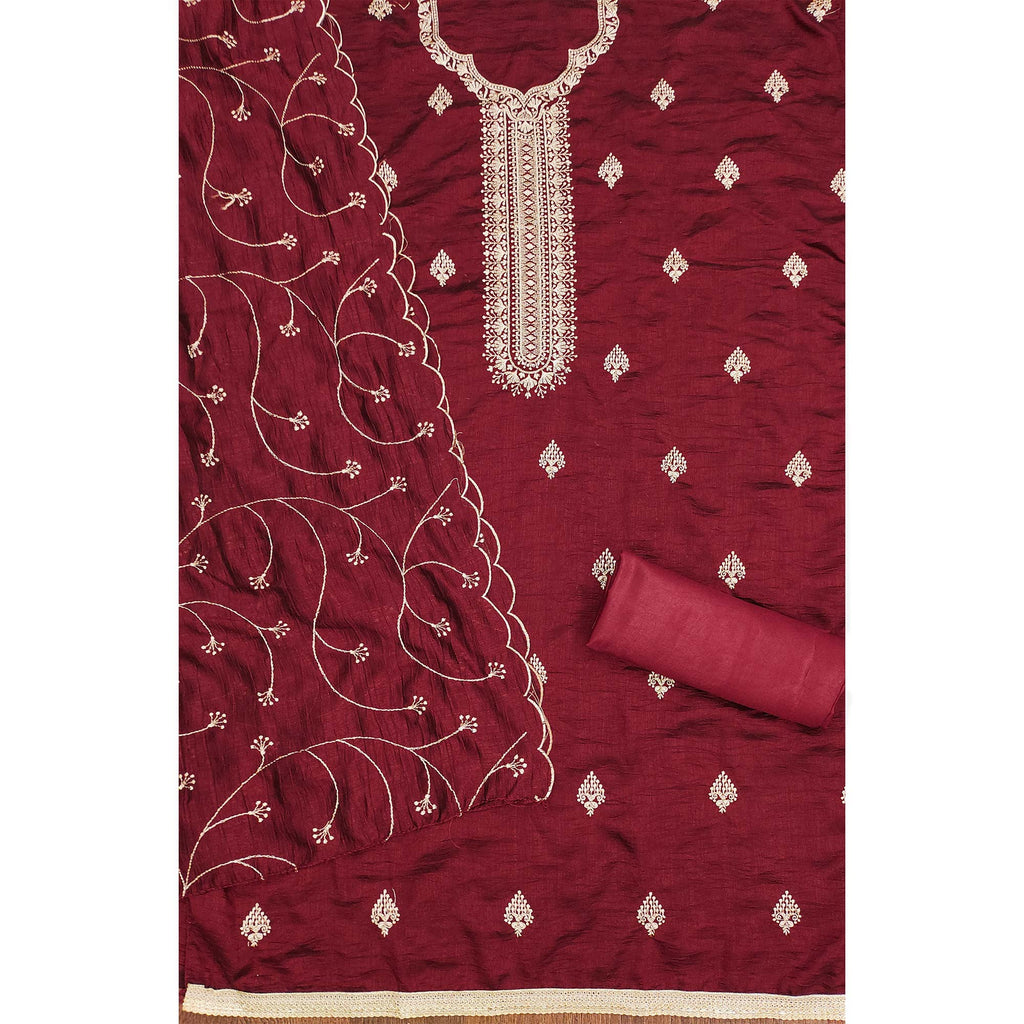 Maroon Vichitra Silk Dress Material with Graceful Floral Zari Embroidery