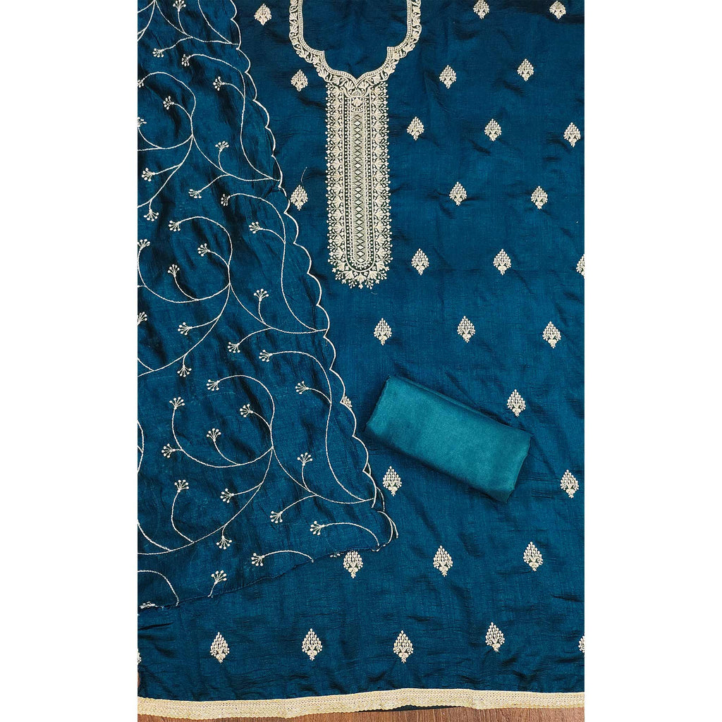 Morpich Blue Vichitra Silk Dress Material with Graceful Floral Zari Embroidery