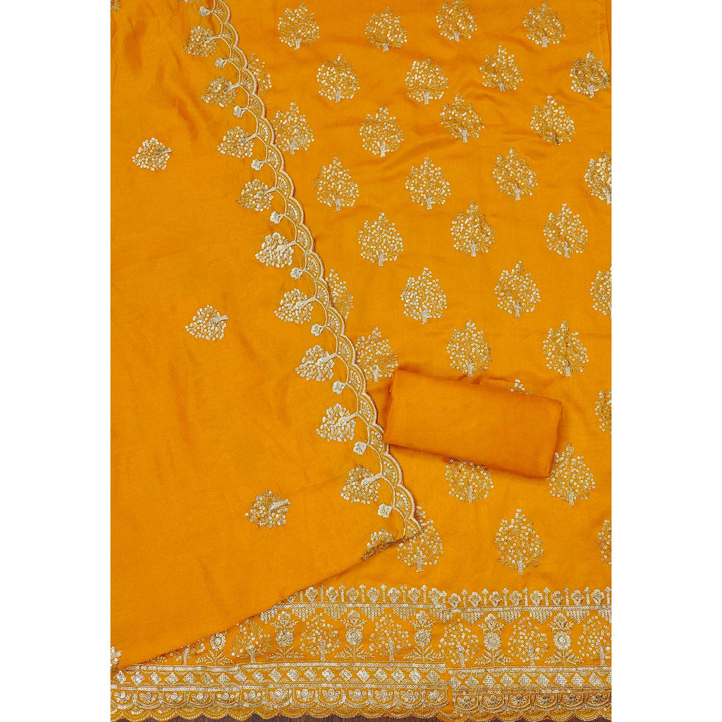 Mustard Sequins Embroidered Vichitra Silk Dress Material