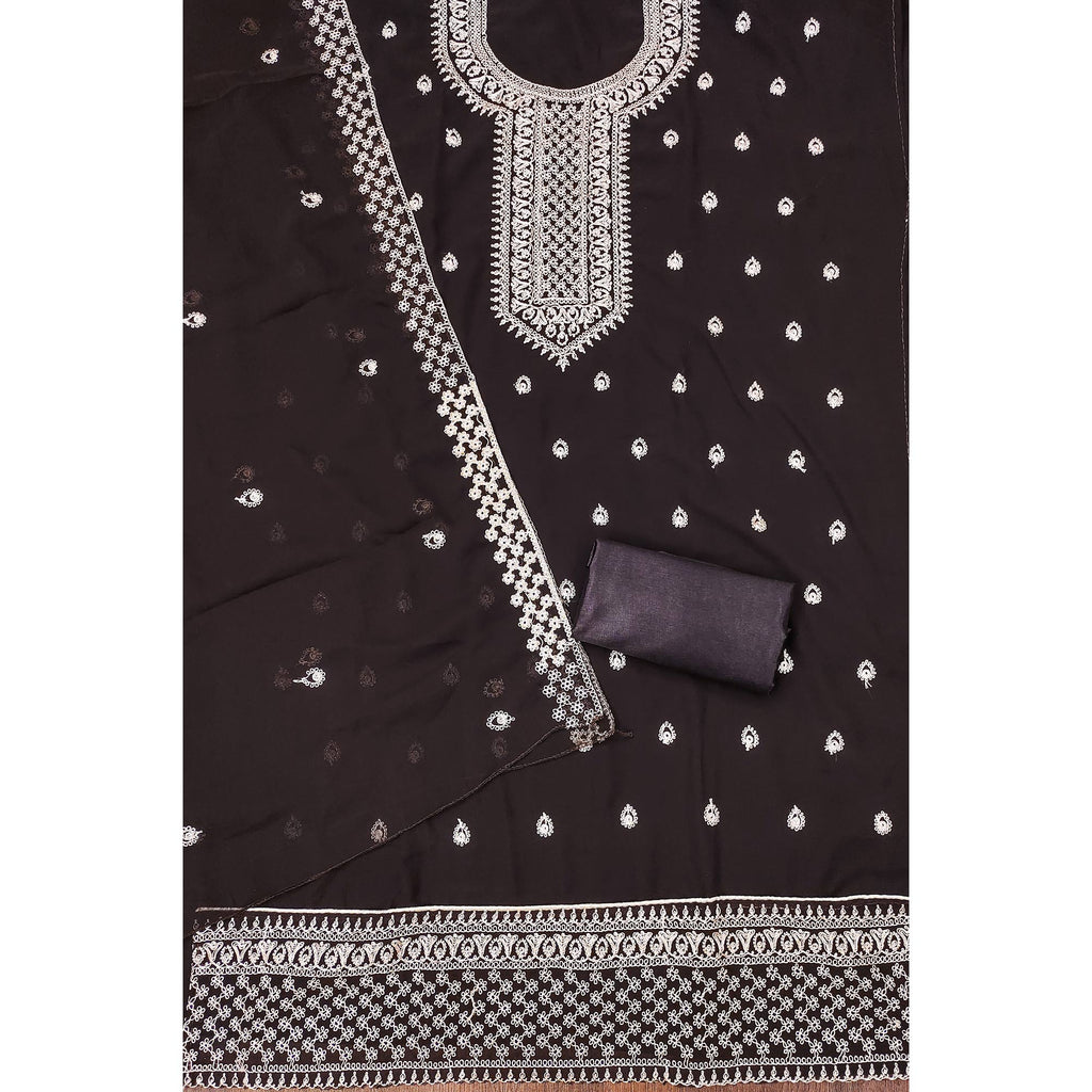 Brown Embroidered Georgette Dress Material