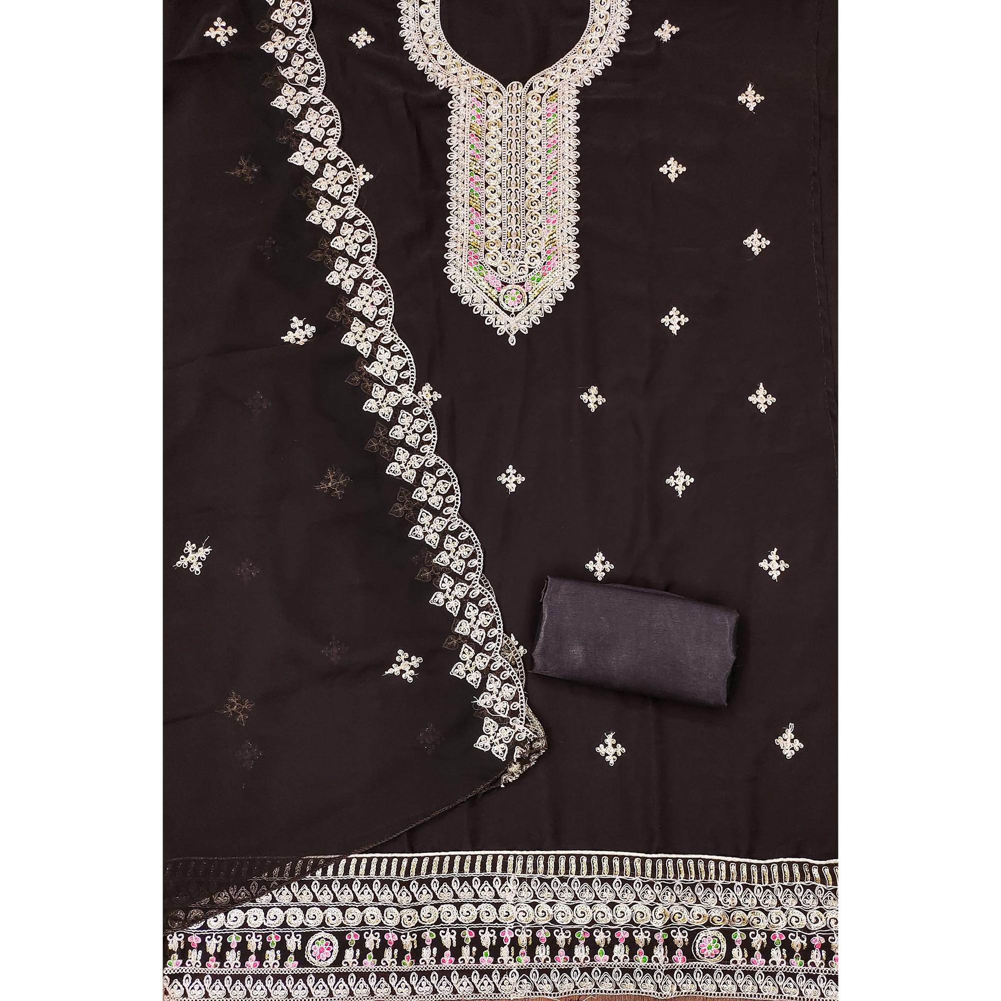 Brown Floral Embroidered Georgette Dress Material