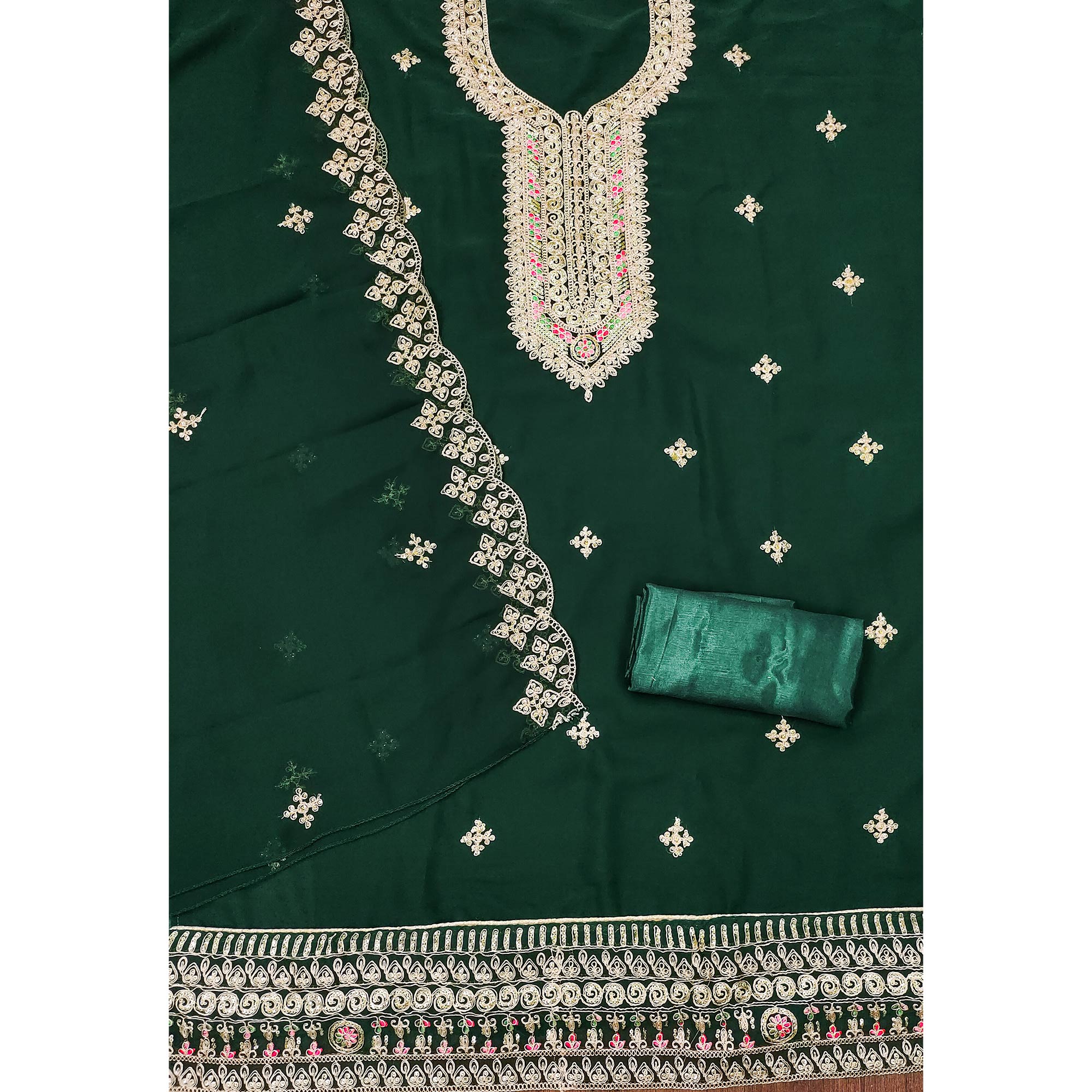 Green Floral Embroidered Georgette Dress Material