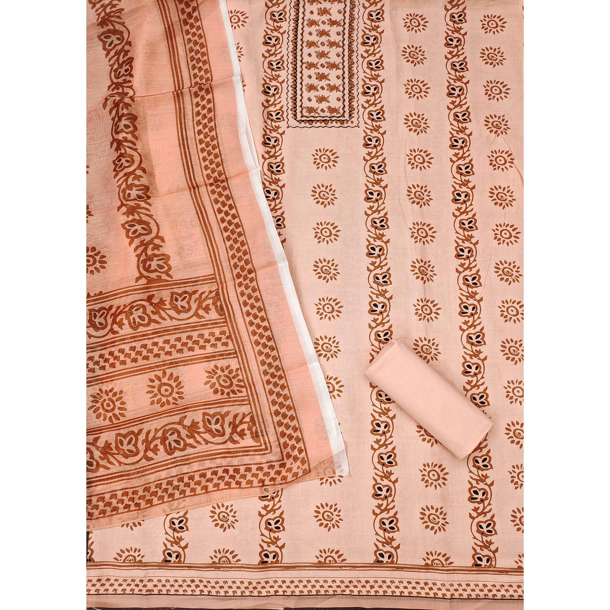 Peach Floral Printed Cotton Blend Dress Material