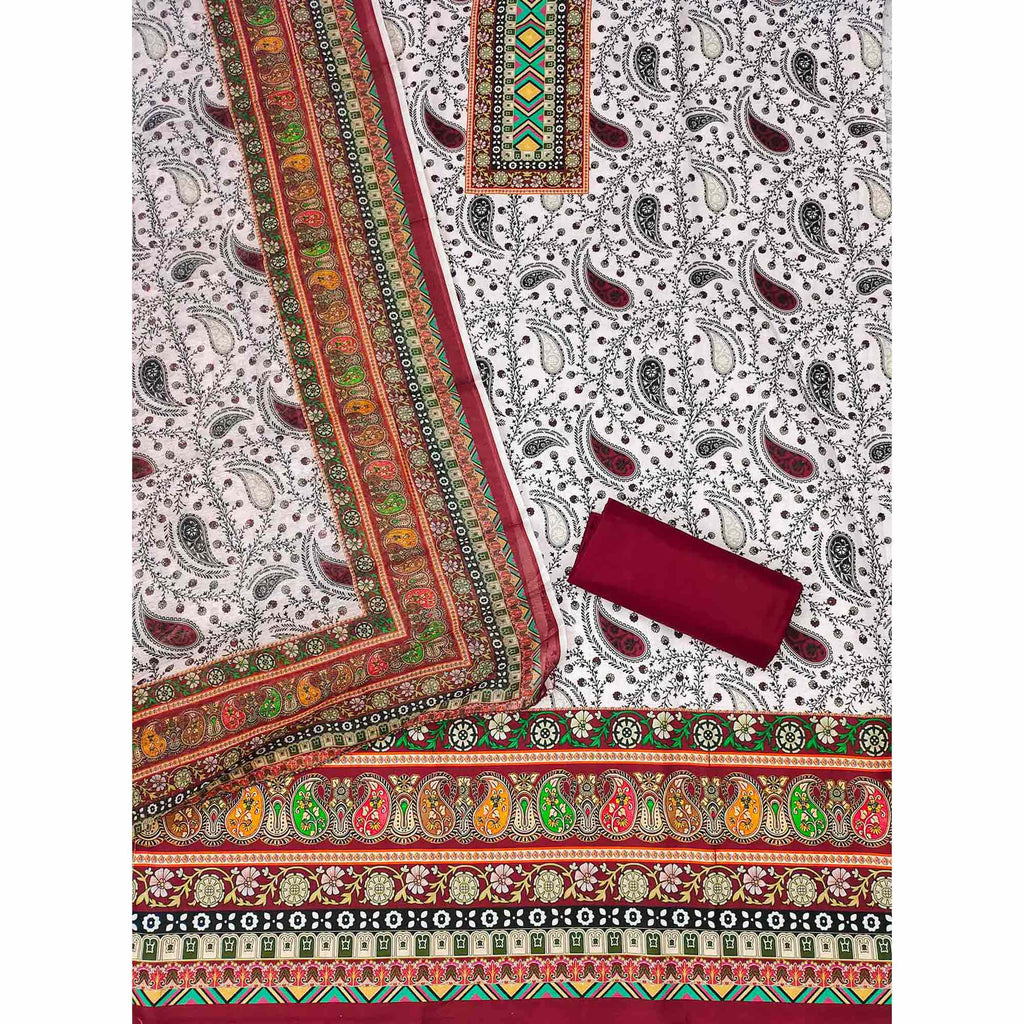 Maroon Floral Printed Cotton Blend Dress Material