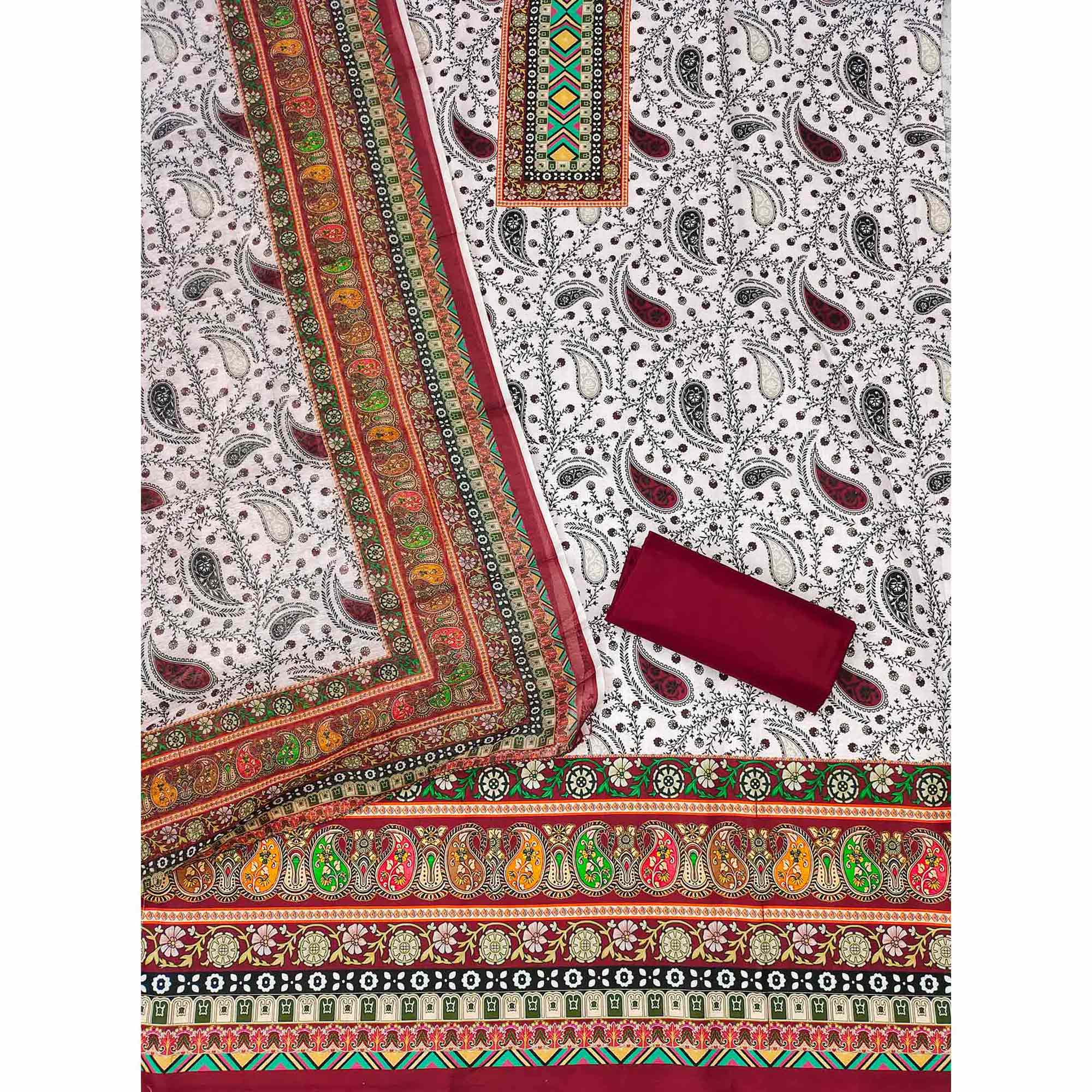 Maroon Floral Printed Cotton Blend Dress Material