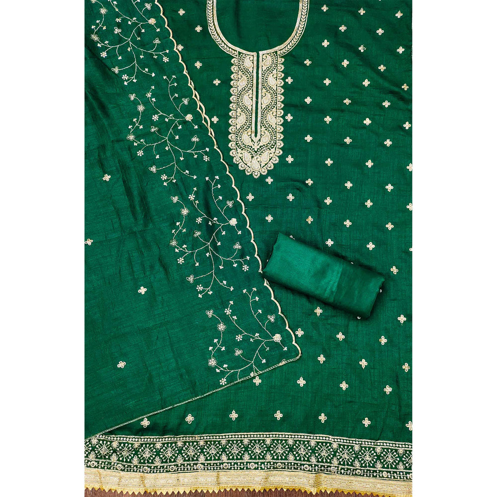 Green Floral Embroidered Vichitra Silk Dress Material