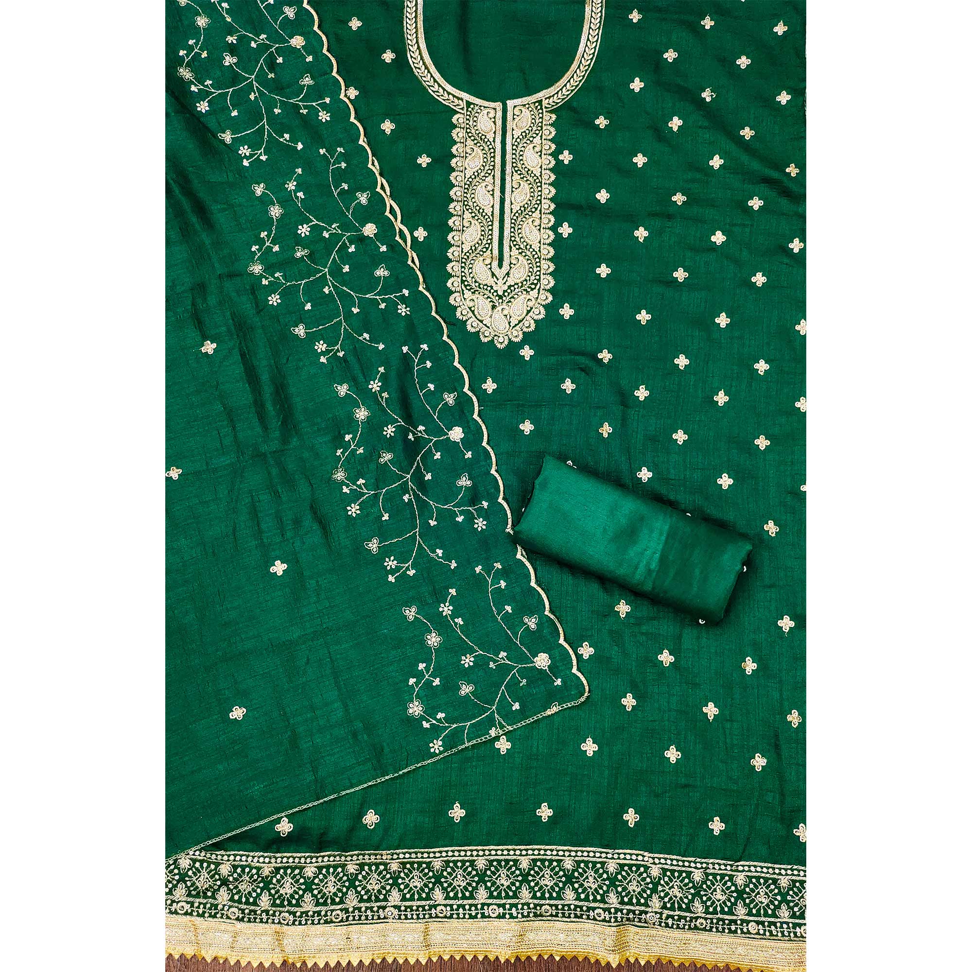 Green Floral Embroidered Vichitra Silk Dress Material