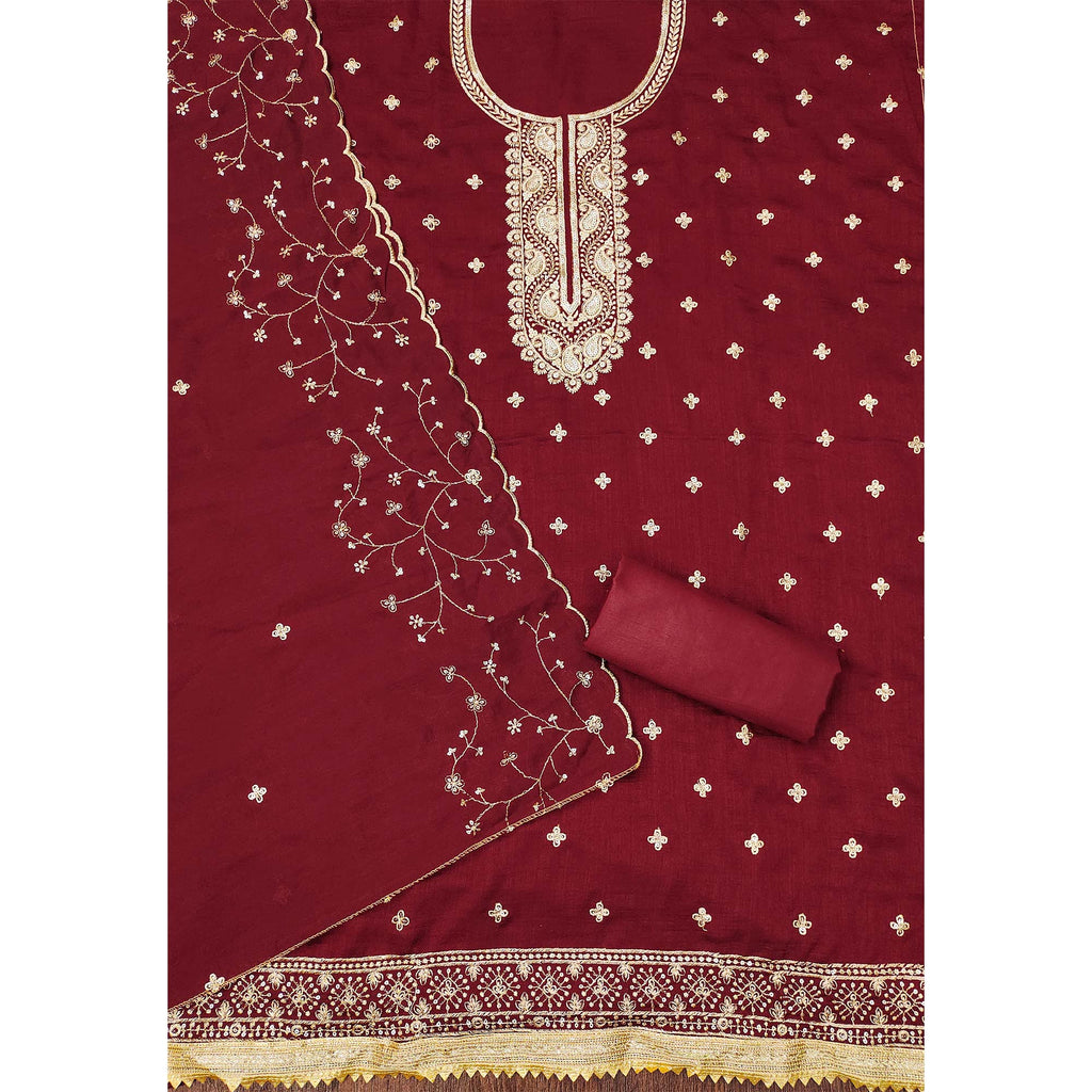Maroon Floral Embroidered Vichitra Silk Dress Material