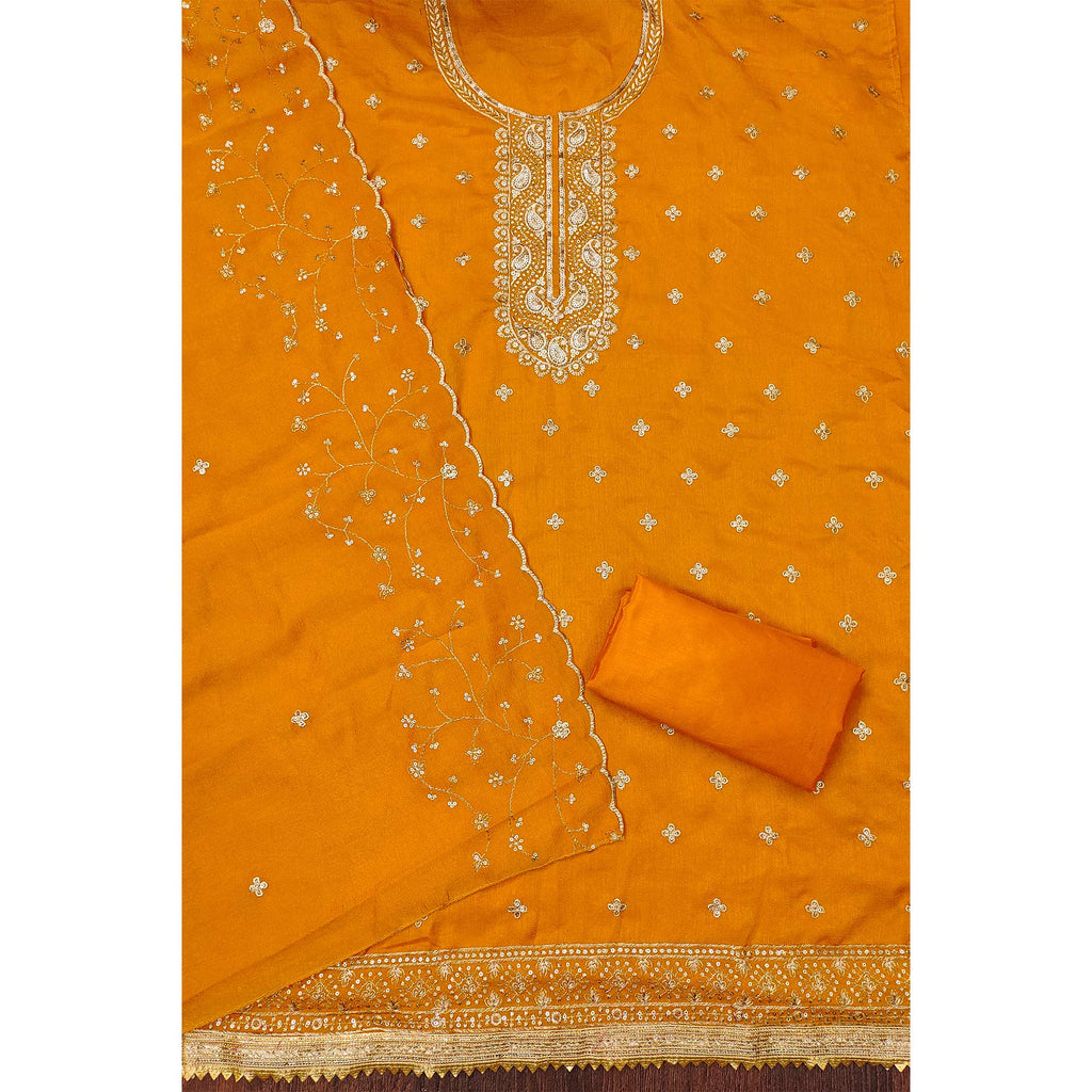 Mustard Floral Embroidered Vichitra Silk Dress Material