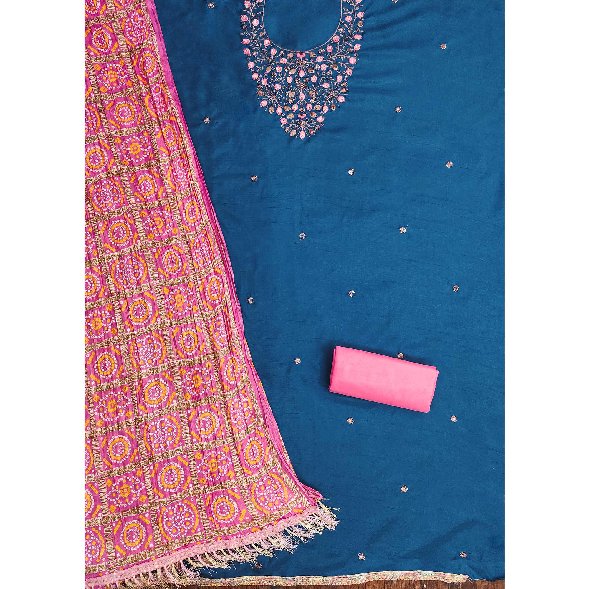 Blue Floral Sequins Embroidered Cotton Blend Dress Material