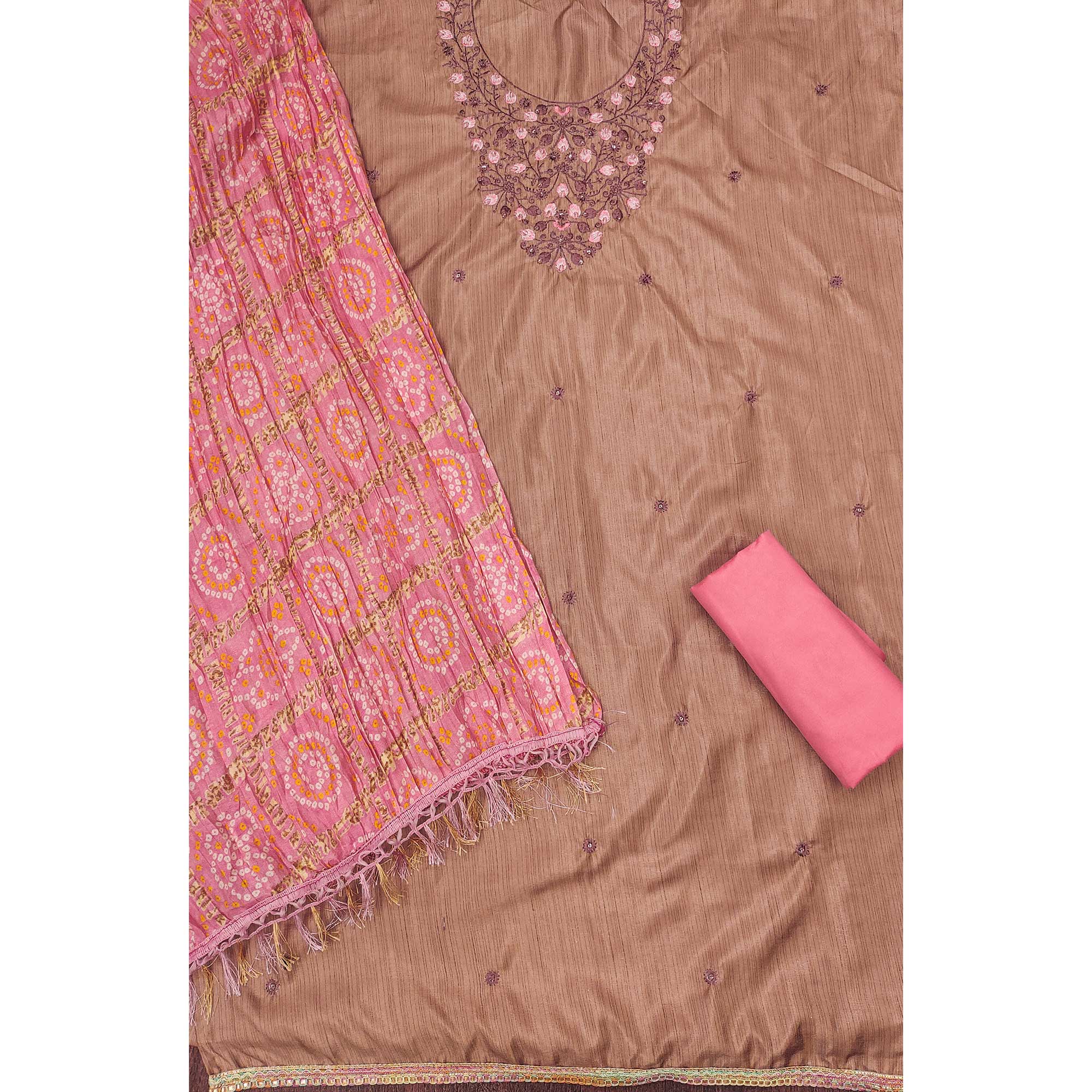 Chikoo Floral Sequins Embroidered Cotton Blend Dress Material