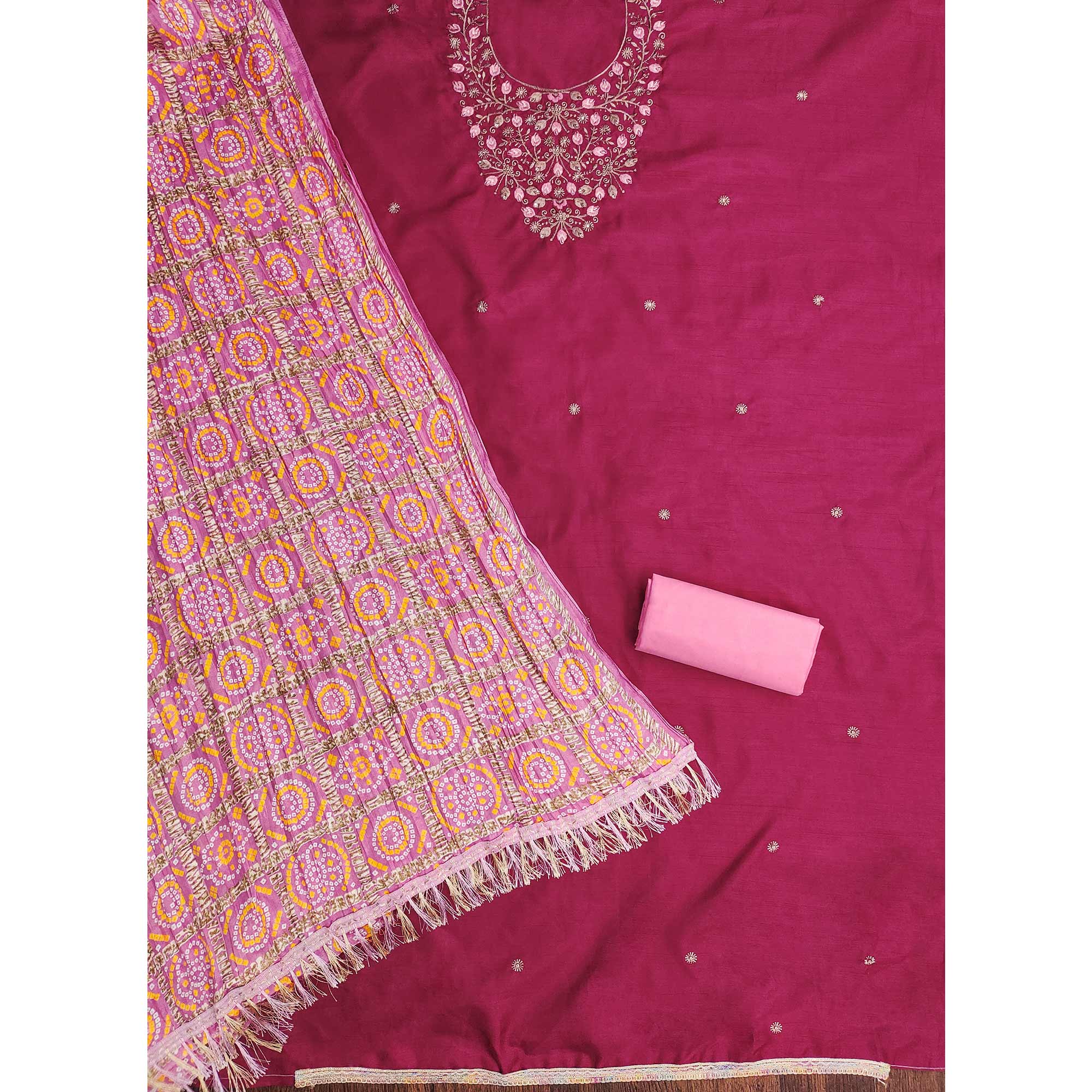 Pink Floral Sequins Embroidered Cotton Blend Dress Material