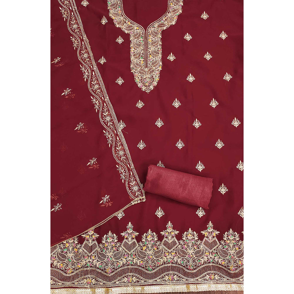 Maroon Floral Embroidered Georgette Dress Material
