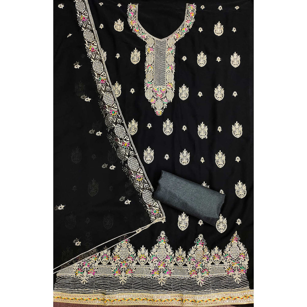 Black Floral Embroidered Georgette Dress Material