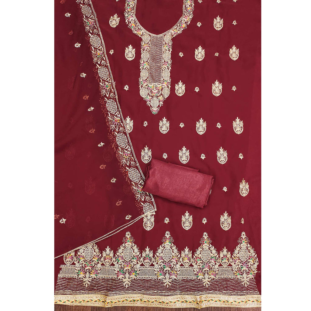 Maroon Floral Embroidered Georgette Dress Material
