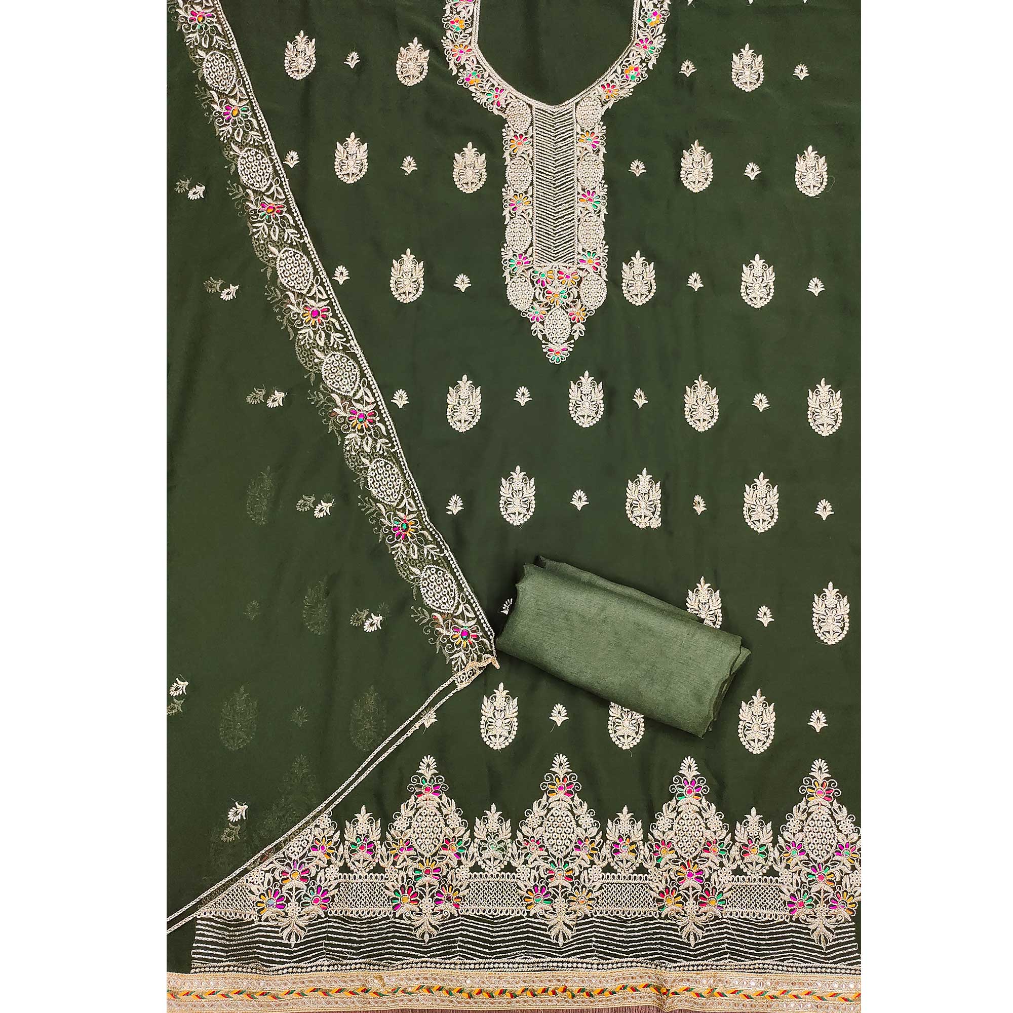 Mehendi Green Floral Embroidered Georgette Dress Material