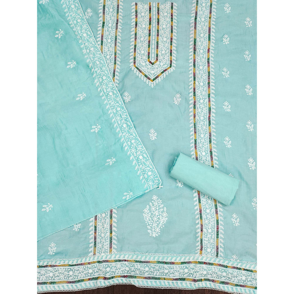Blue Floral Embroidered Cotton Silk Dress Material