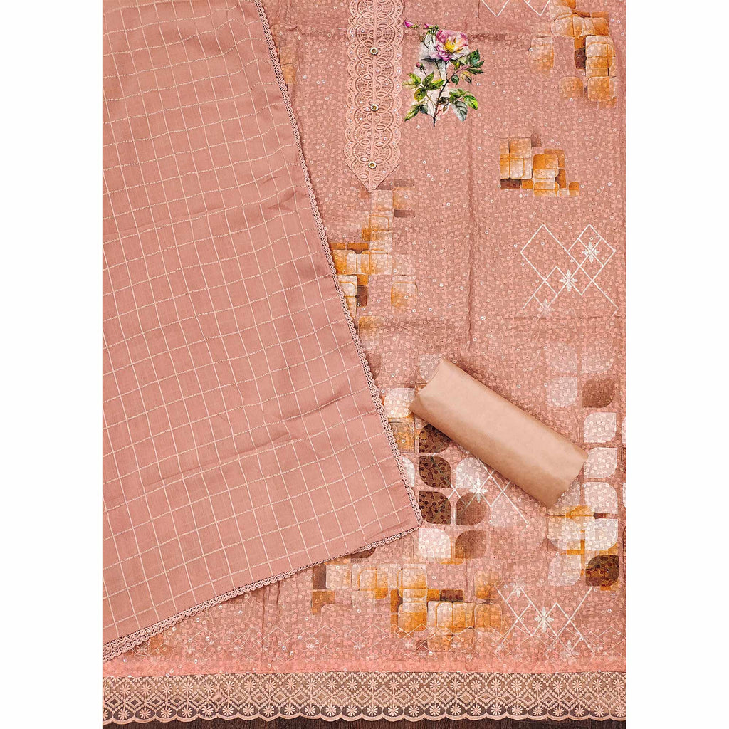 Dusty Peach Schiffli Embroidered Cotton Blend Dress Material With Floral Digital Print