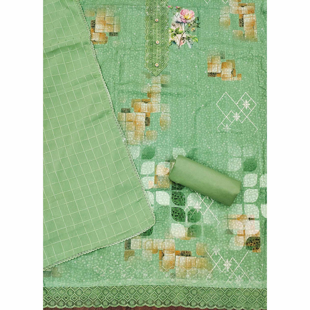 Green Schiffli Embroidered Cotton Blend Dress Material With Floral Digital Print