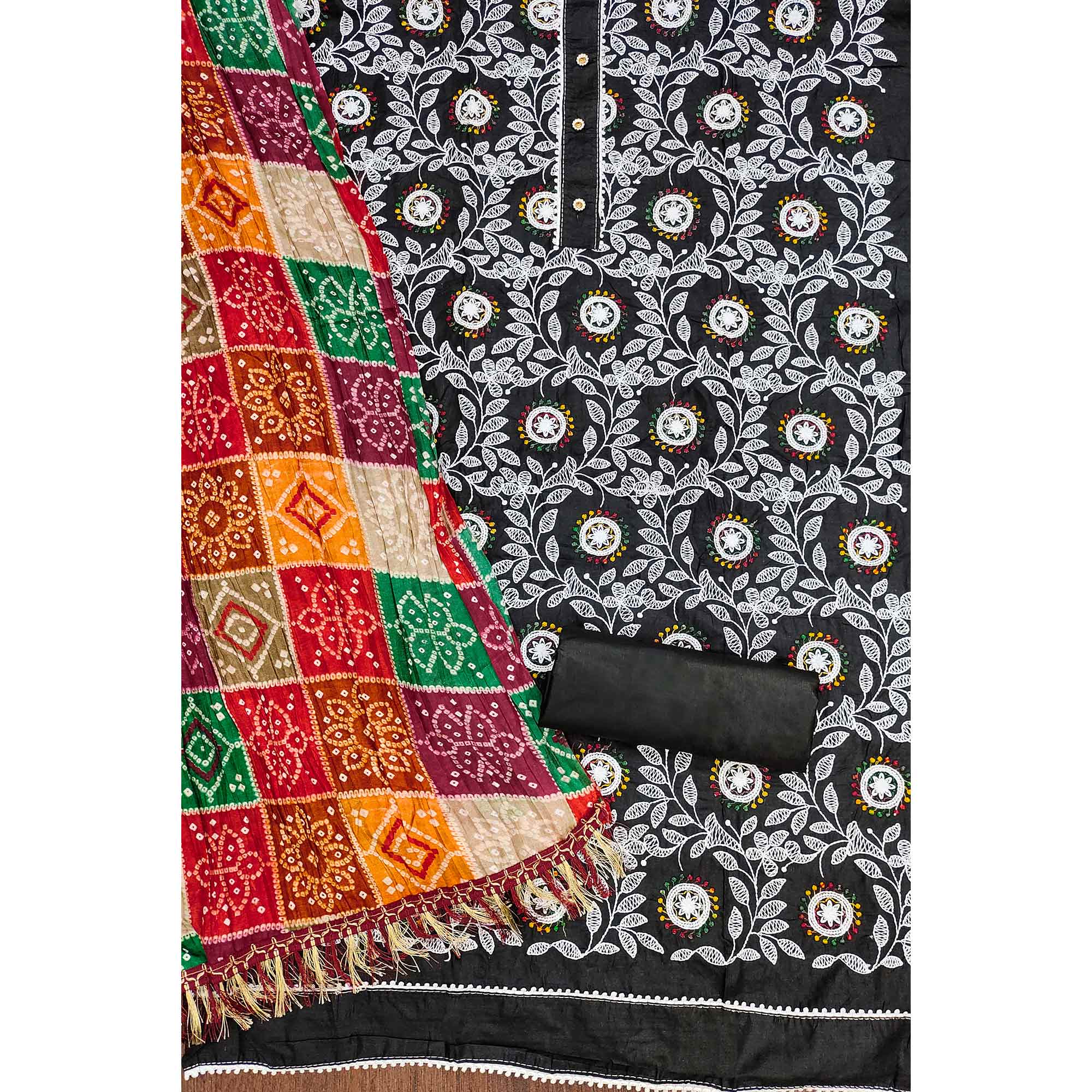 Black Floral Embroidered Cotton Blend Dress Material