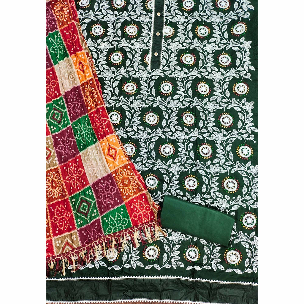 Green Floral Embroidered Cotton Blend Dress Material