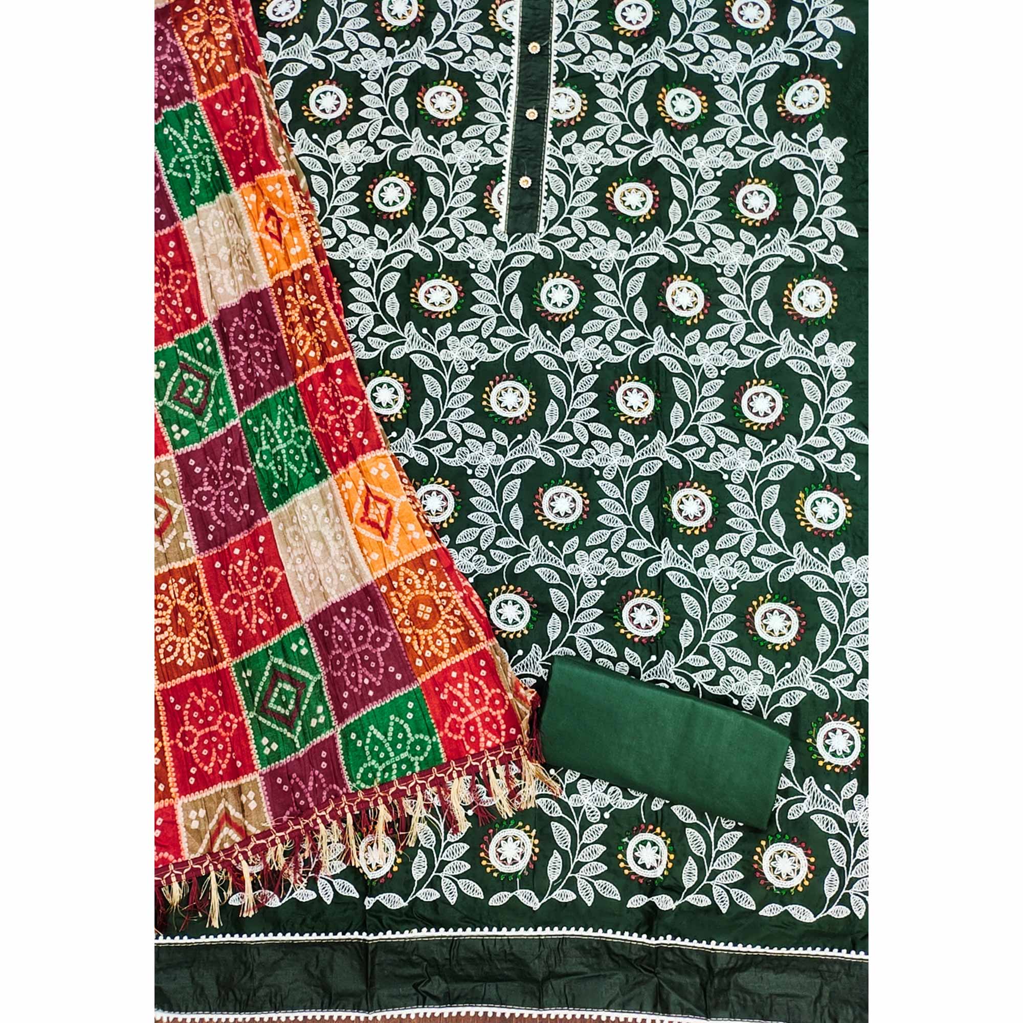 Green Floral Embroidered Cotton Blend Dress Material