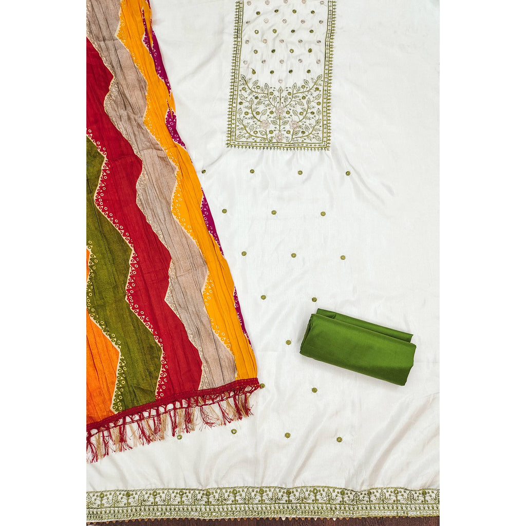 Cream & Green Floral Sequins Embroidered Cotton Silk Dress Material