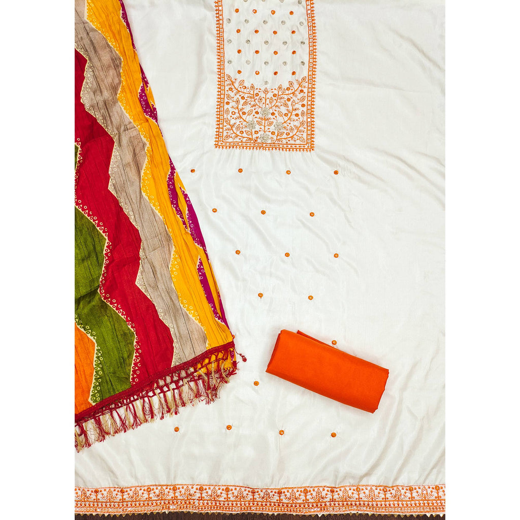 Cream & Orange Floral Sequins Embroidered Cotton Silk Dress Material