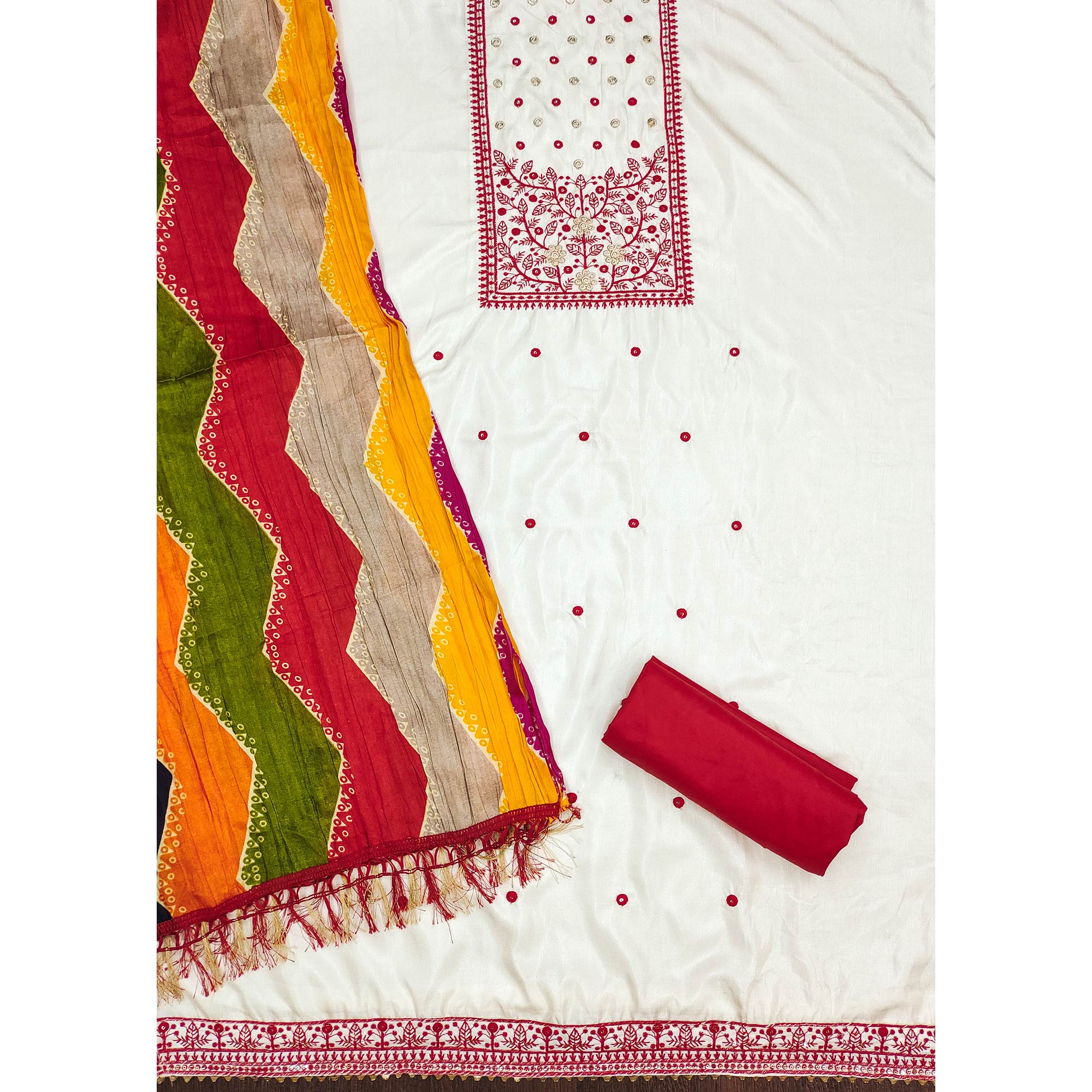 Cream & Red Floral Sequins Embroidered Cotton Silk Dress Material