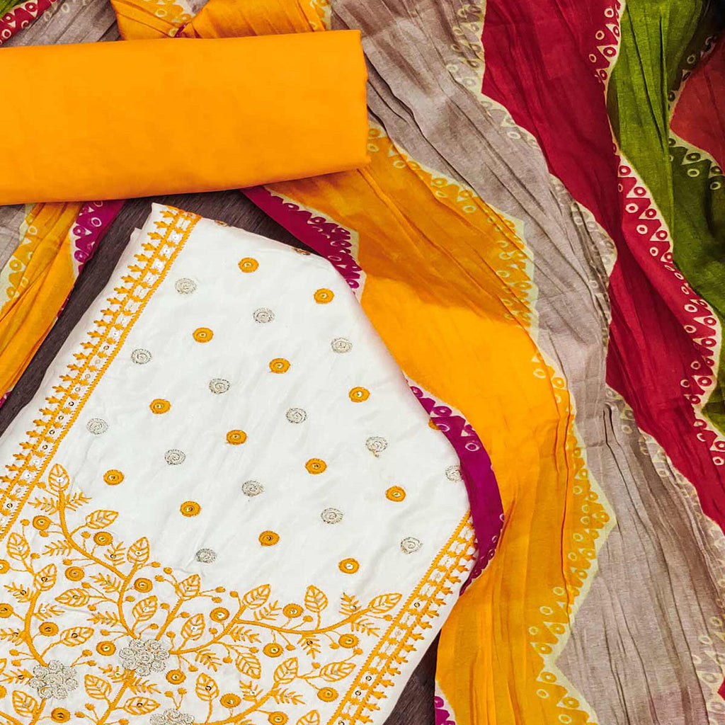 Cream & Yellow Floral Sequins Embroidered Cotton Silk Dress Material