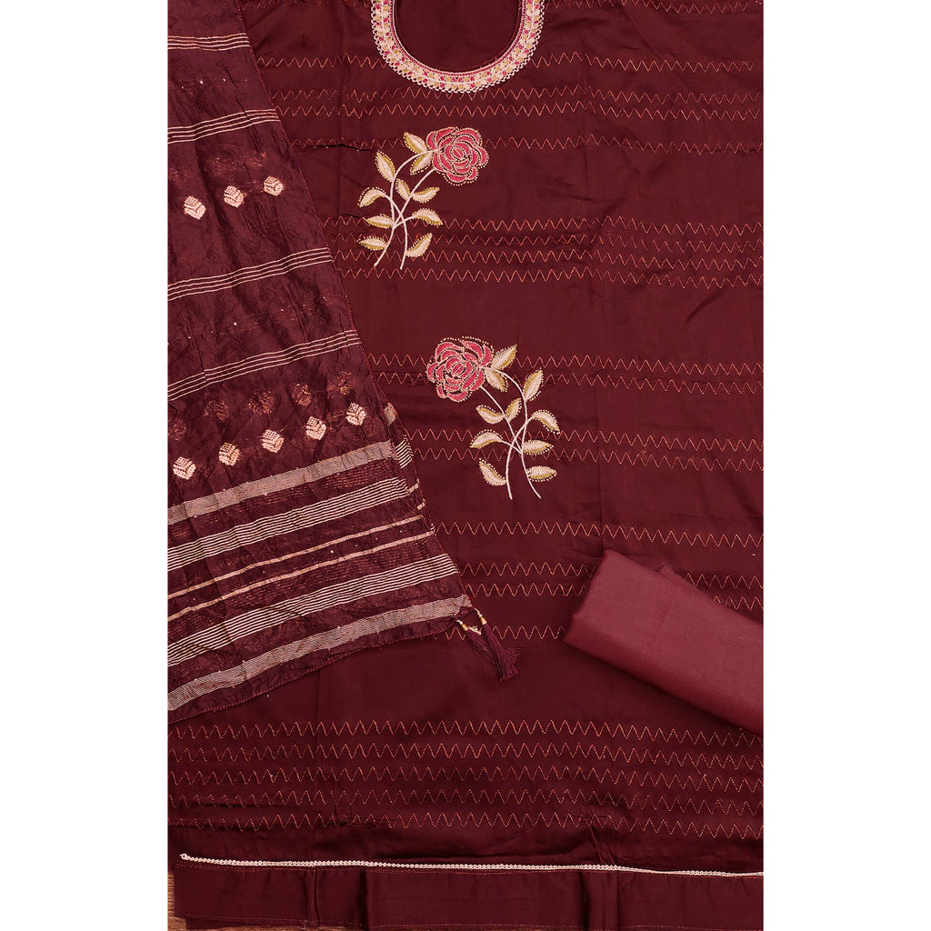 Maroon Cotton Blend Dress Material Adorned With Swarovski Accents and Floral Threadwork