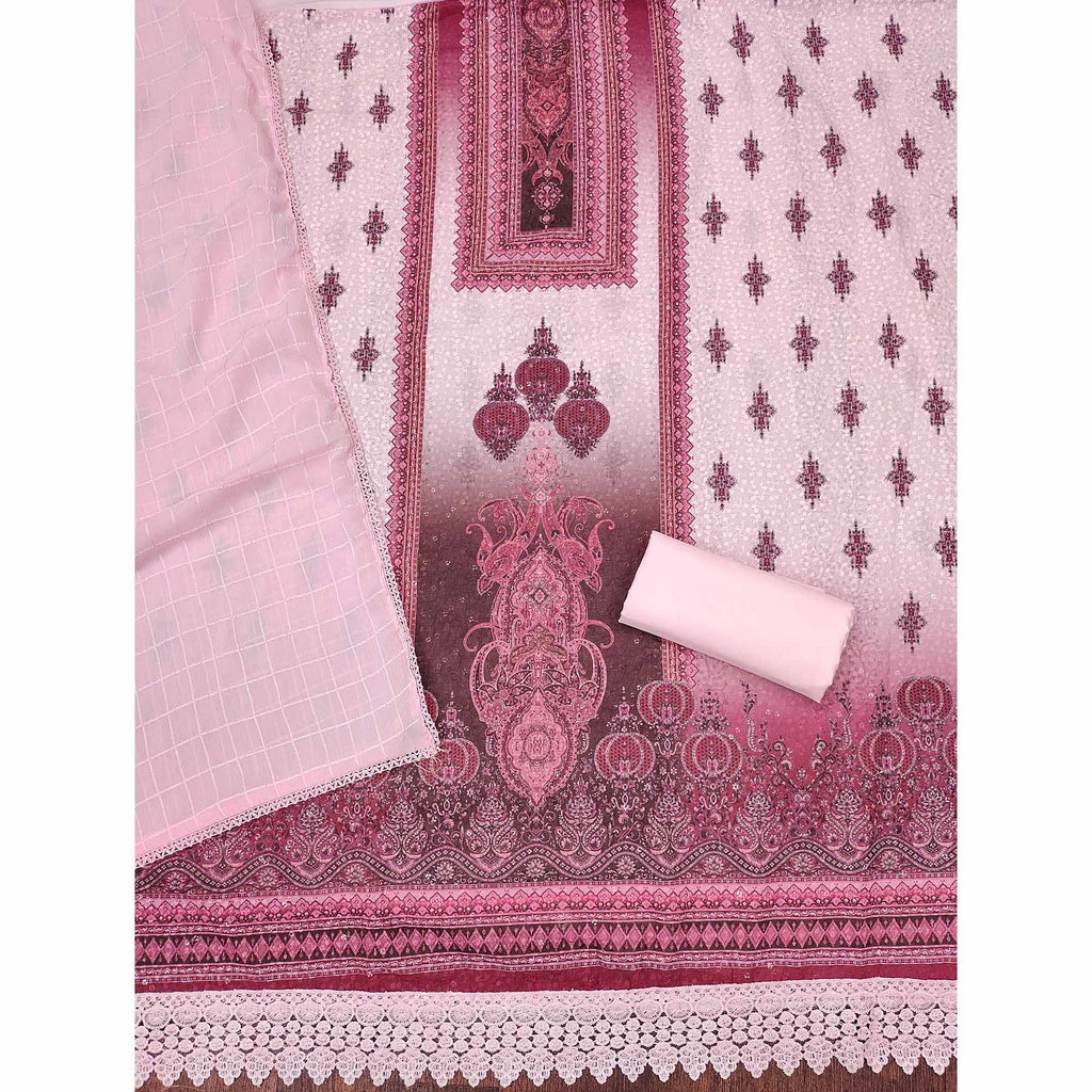 Pink Cotton Blend Dress Material With Elegant Schiffli Work & Artistic Digital Print