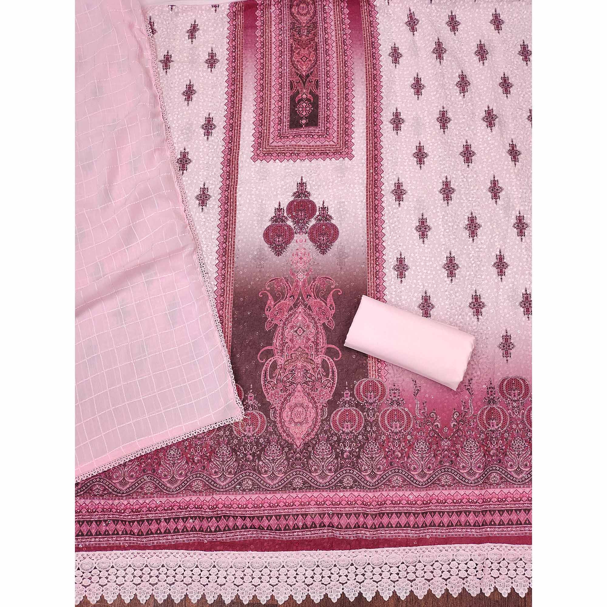 Pink Cotton Blend Dress Material With Elegant Schiffli Work & Artistic Digital Print