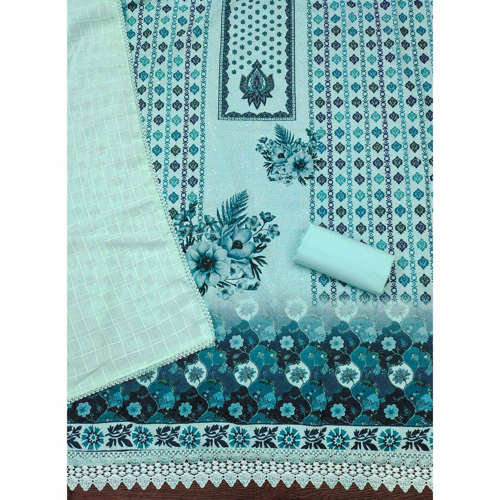 Blue Schiffli Embroidered Cotton Blend Dress Material With Floral Digital Print