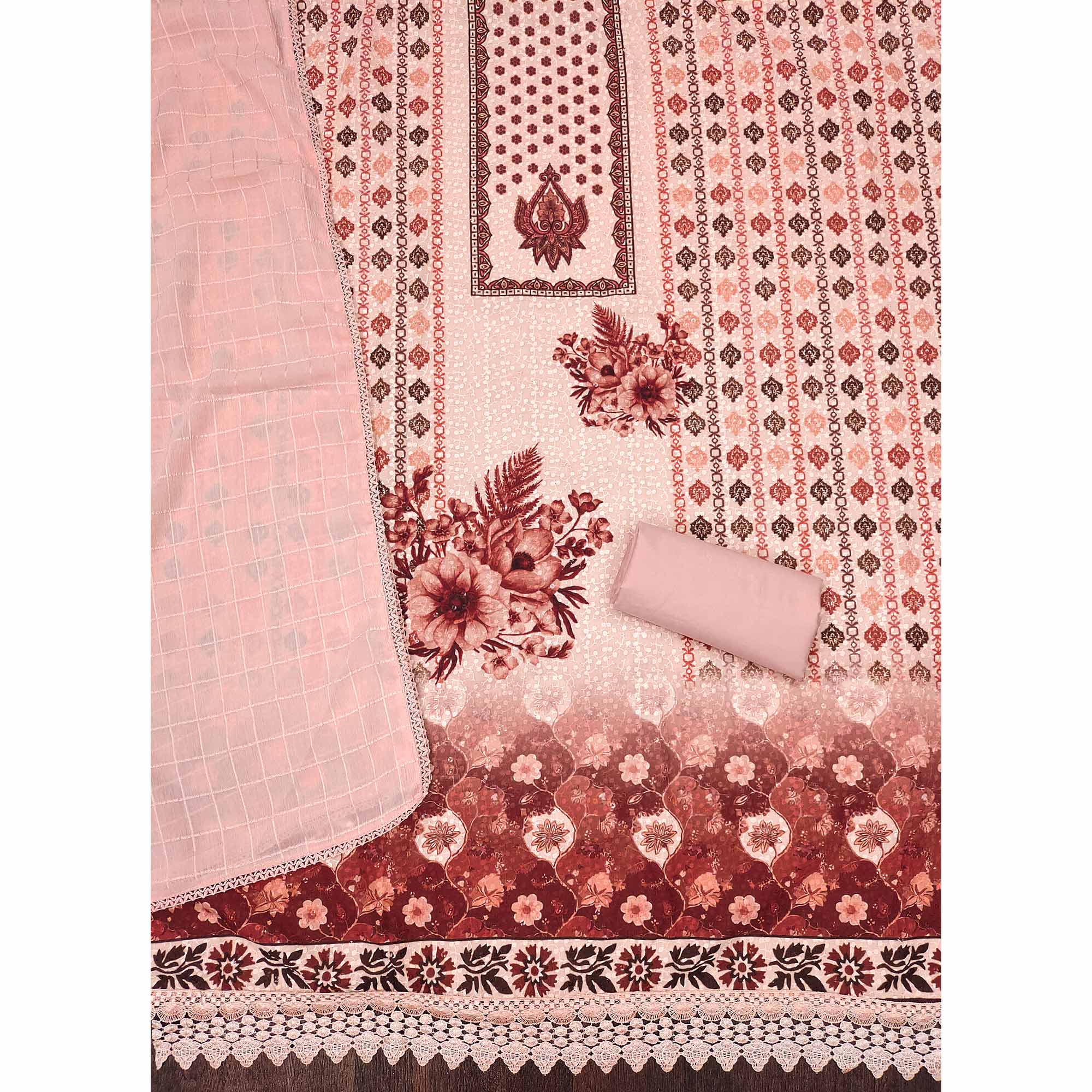 Peach Schiffli Embroidered Cotton Blend Dress Material With Floral Digital Print
