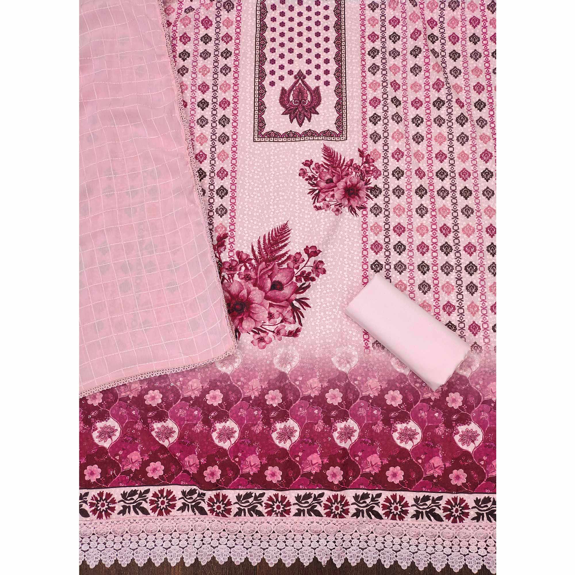 Pink Schiffli Embroidered Cotton Blend Dress Material With Floral Digital Print